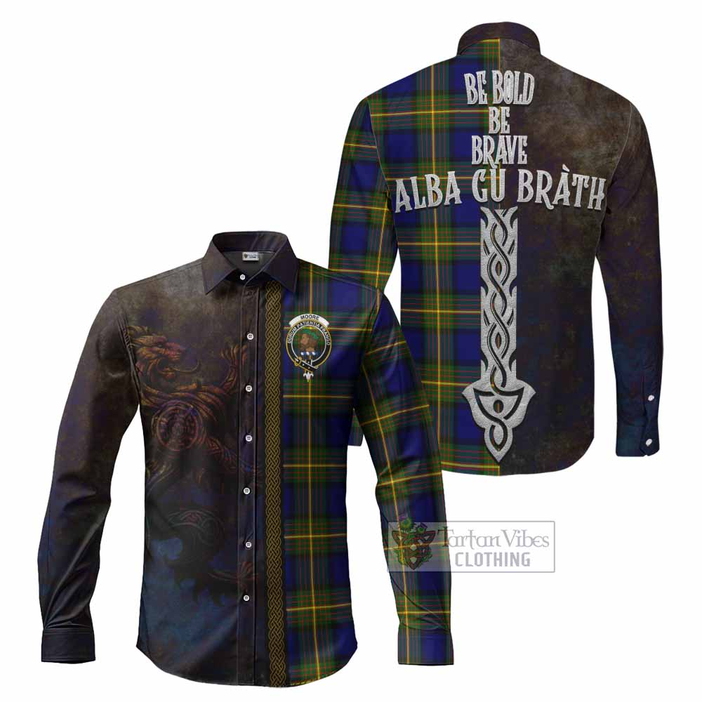 Moore Tartan Family Crest Long Sleeve Button Shirt Alba Gu Brath Be Brave Lion Ancient Style - Tartan Vibes Clothing