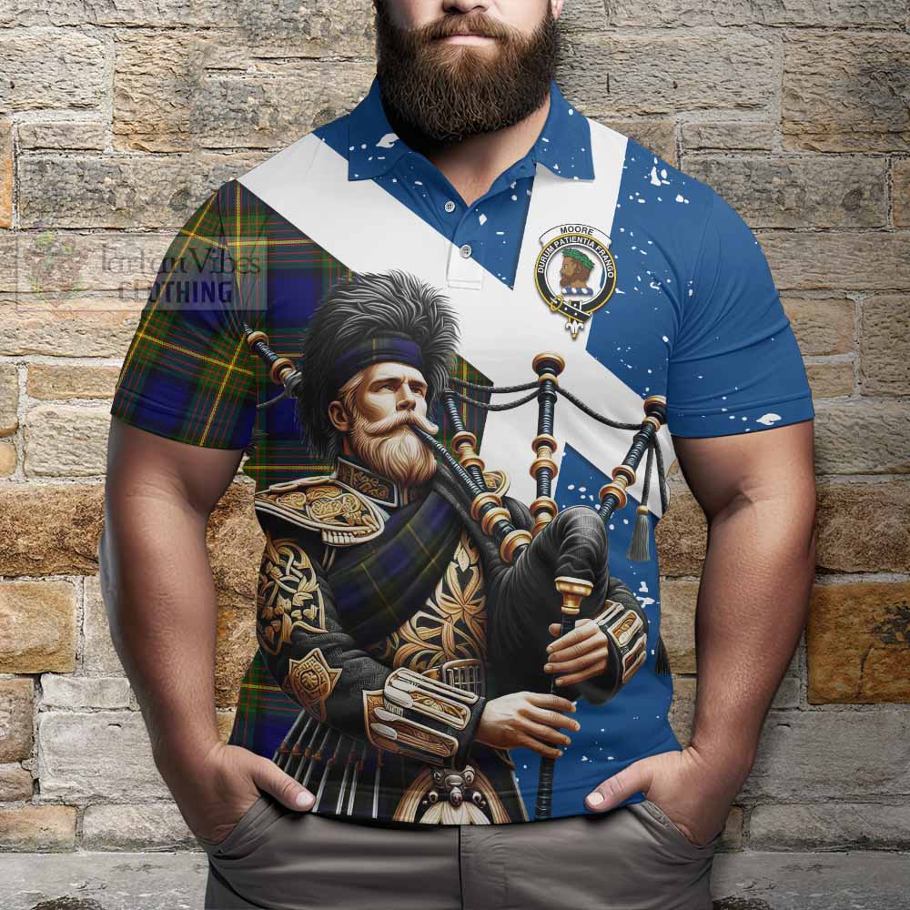 Moore Tartan Polo Shirt with Family Crest Scottish Bagpiper Vibes - Tartan Vibes Clothing