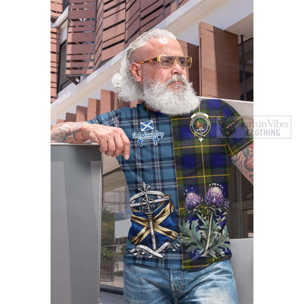 Moore Tartan Cotton T-shirt Happy St. Andrew's Day Half Tartan Style - Tartan Vibes Clothing