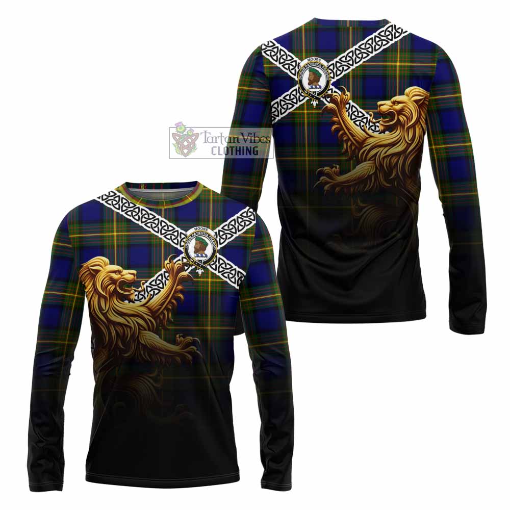 Tartan Vibes Clothing Moore Crest Tartan Long Sleeve T-Shirt with Golden Lion Emblem Celtic Style