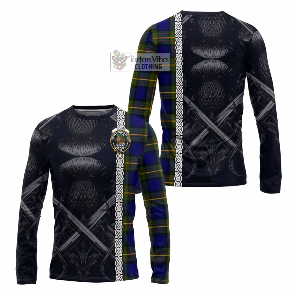 Moore Tartan Long Sleeve T-Shirt with Family Crest Cross Sword Thistle Celtic Vibes - Tartan Vibes Clothing