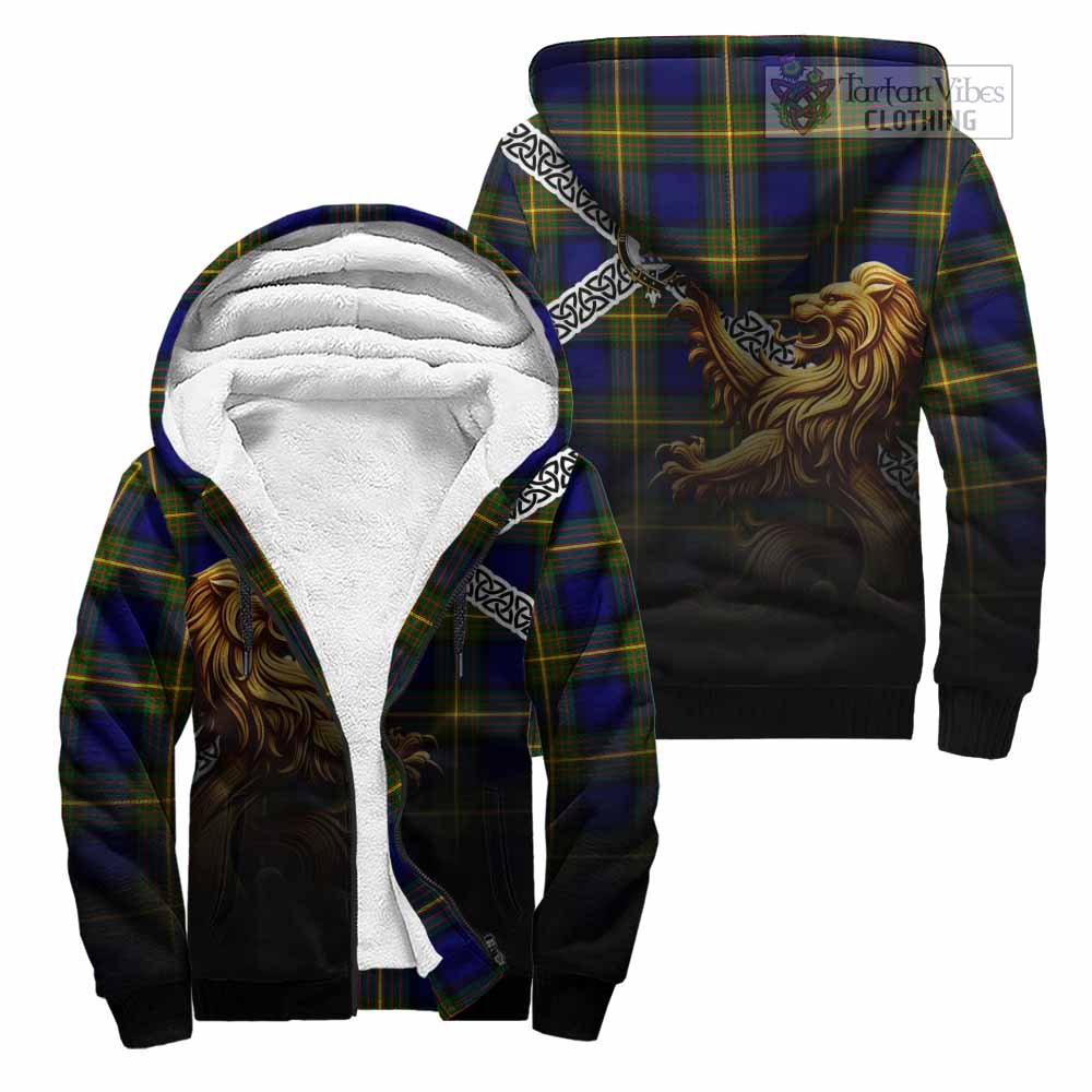 Moore Crest Tartan Sherpa Hoodie with Golden Lion Emblem Celtic Style Unisex - Tartan Vibes Clothing