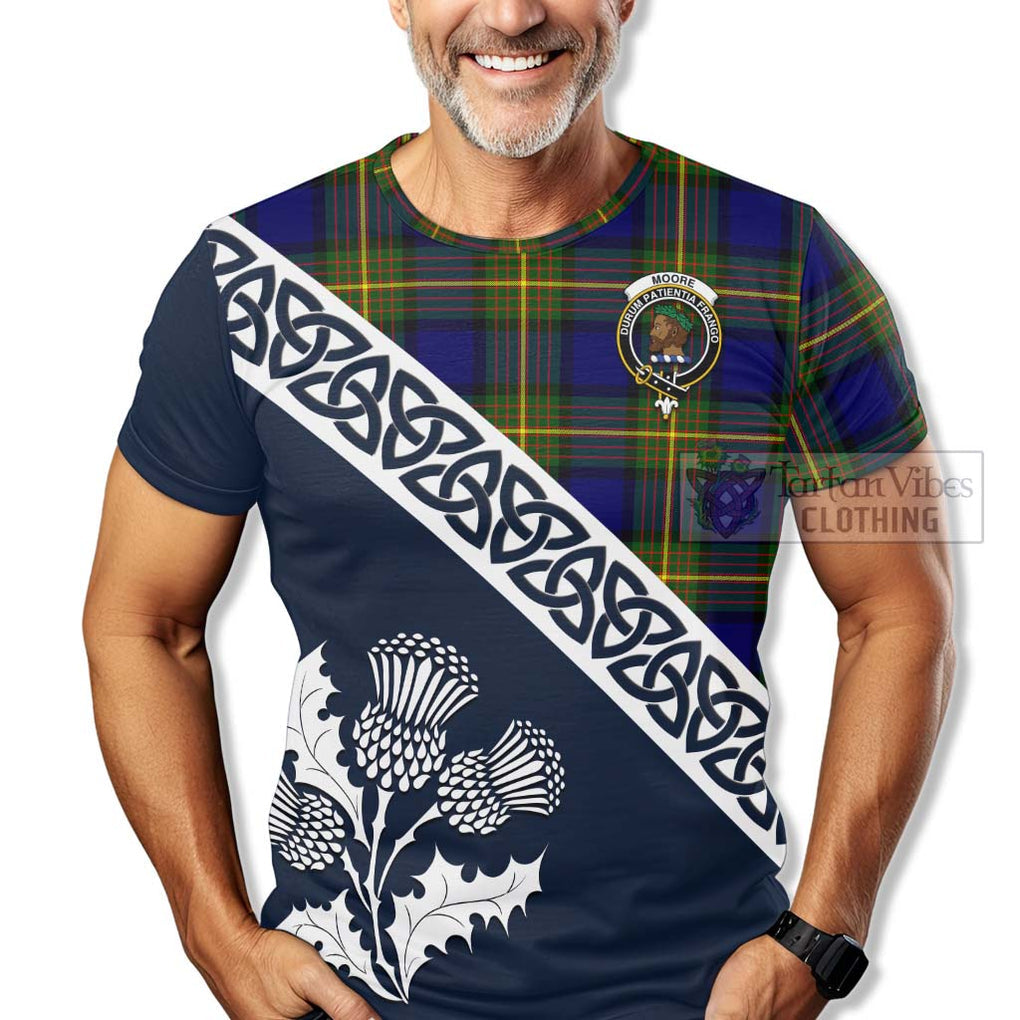 Moore Tartan T-Shirt Featuring Thistle and Scotland Map - Tartanvibesclothing Store