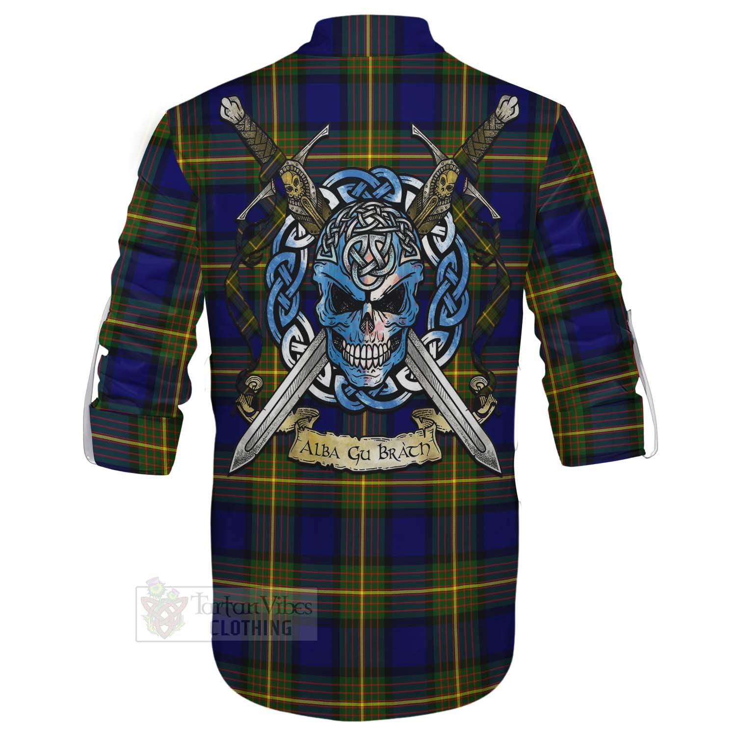 Moore Tartan Ghillie Kilt Shirt with Family Crest Celtic Skull Style - Tartan Vibes Clothing