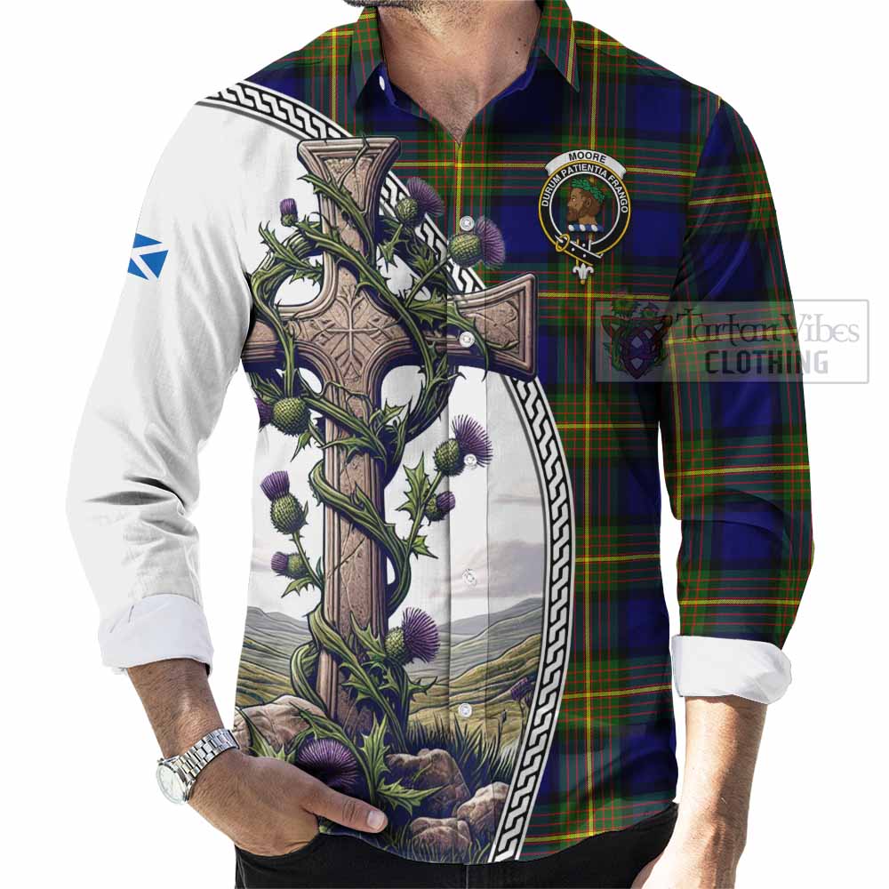 Moore Tartan Long Sleeve Button Shirt with Family Crest and St. Andrew's Cross Accented by Thistle Vines - Tartan Vibes Clothing