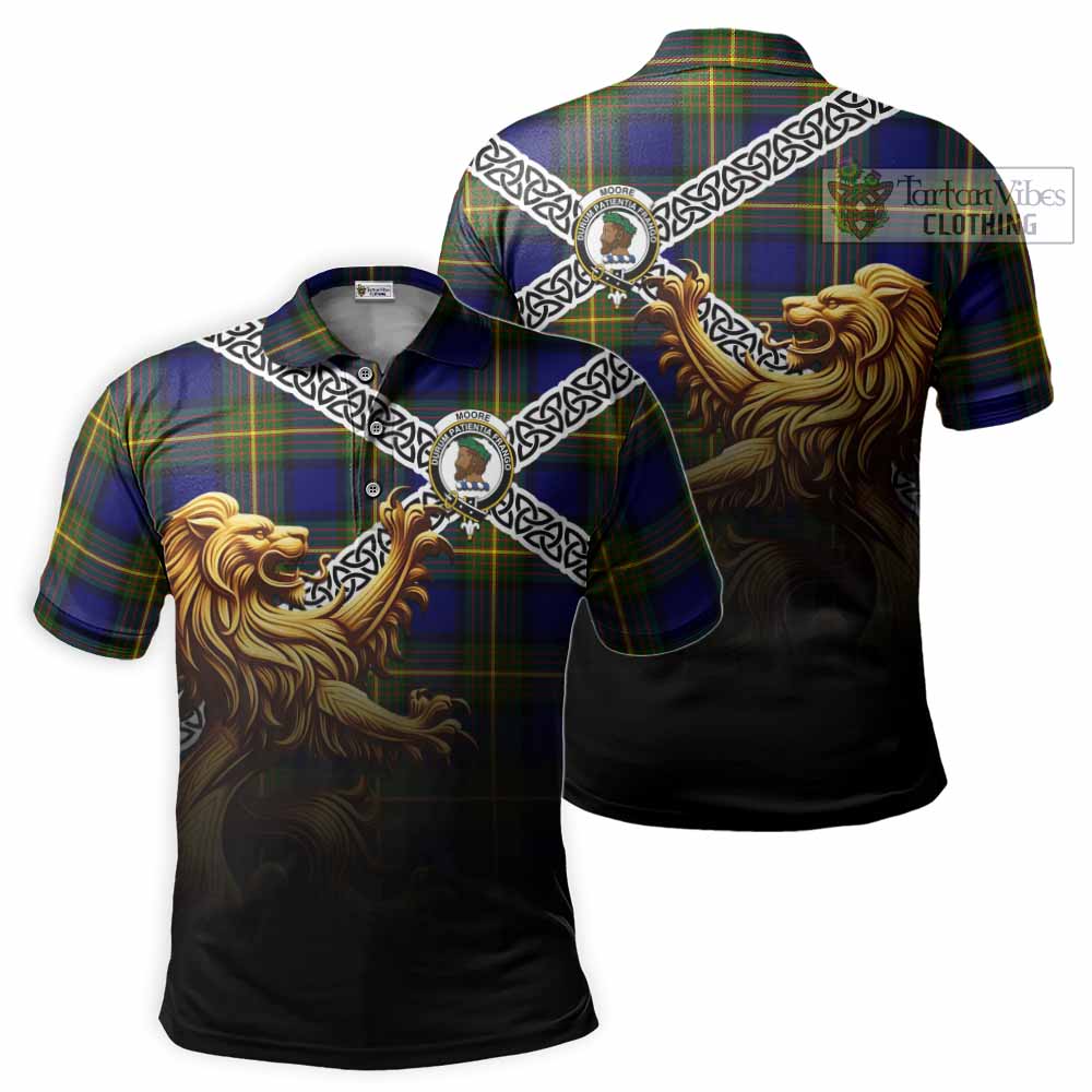 Moore Crest Tartan Polo Shirt with Golden Lion Emblem Celtic Style - Tartan Vibes Clothing