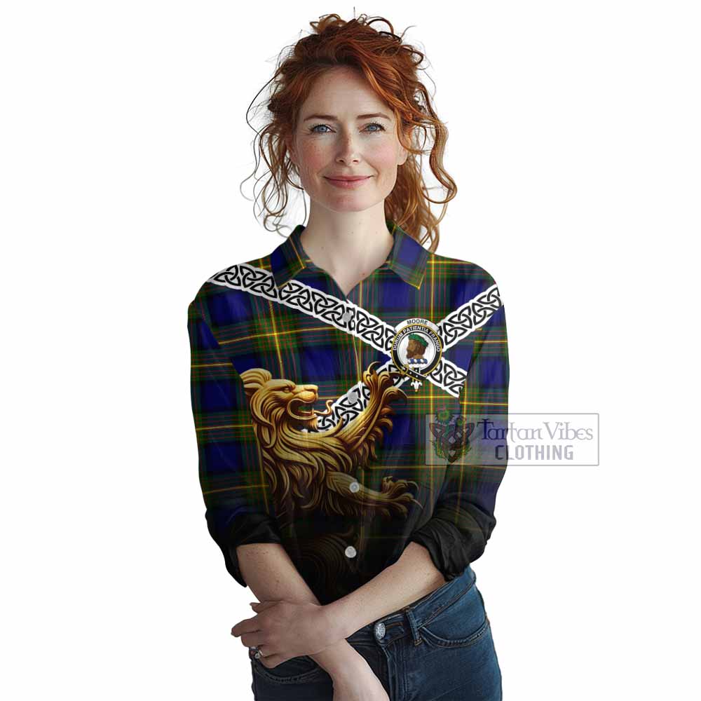 Tartan Vibes Clothing Moore Crest Tartan Women's Casual Shirt with Golden Lion Emblem Celtic Style