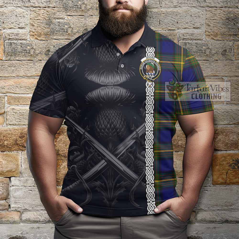 Moore Tartan Polo Shirt with Family Crest Cross Sword Thistle Celtic Vibes - Tartan Vibes Clothing