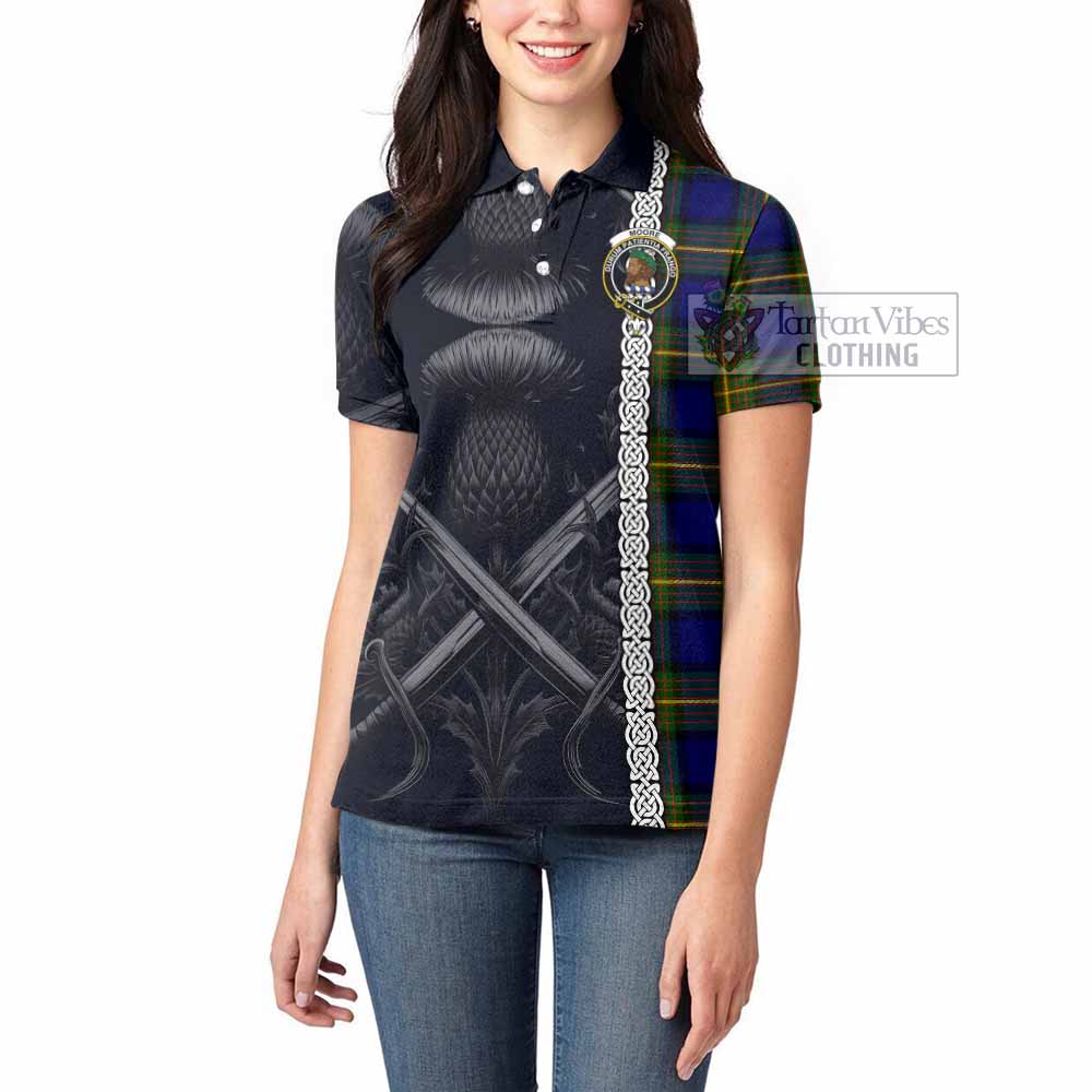 Moore Tartan Women's Polo Shirt with Family Crest Cross Sword Thistle Celtic Vibes - Tartan Vibes Clothing