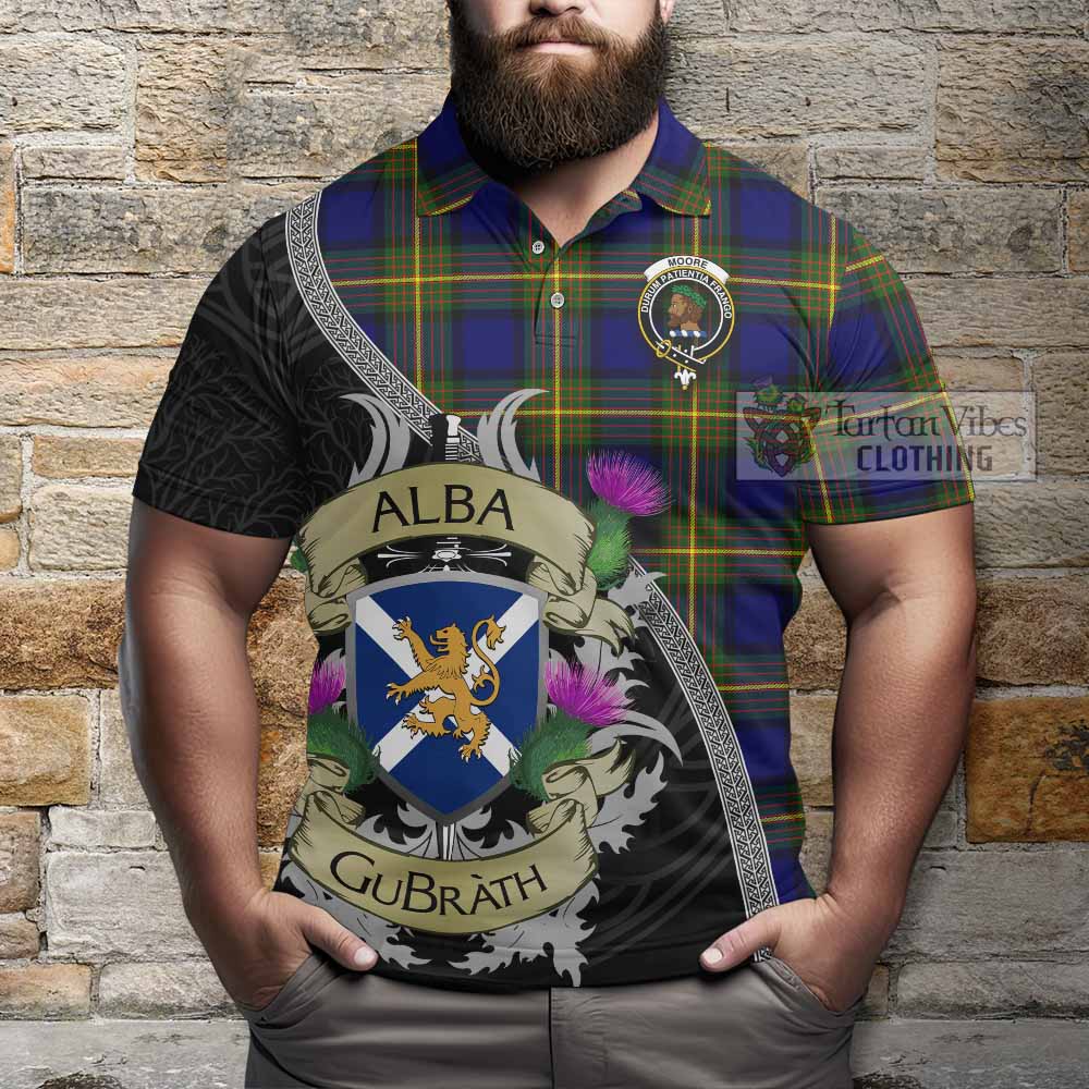 Moore Tartan Family Crest Polo Shirt Lion Rampant Royal Thistle Shield Celtic Inspired - Tartan Vibes Clothing