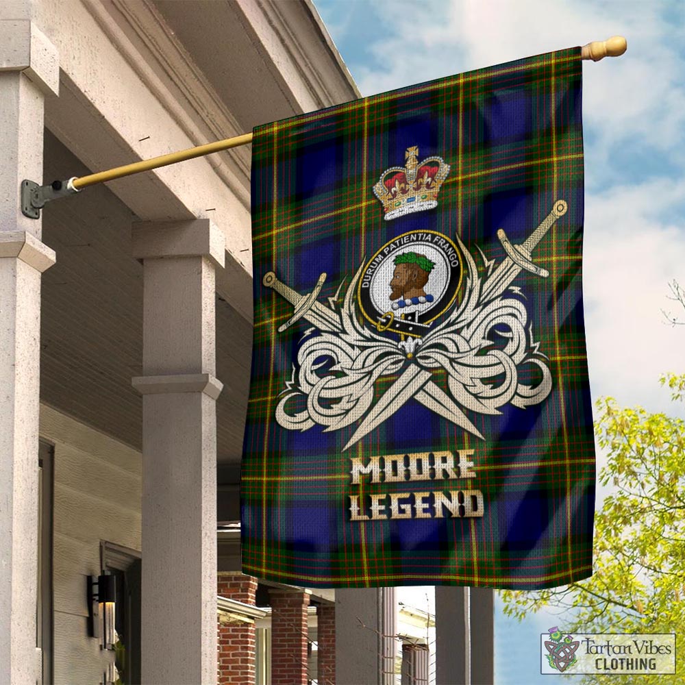 Moore Tartan Garden Flag with Clan Crest and the Golden Sword of Courageous Legacy - Tartan Vibes Clothing