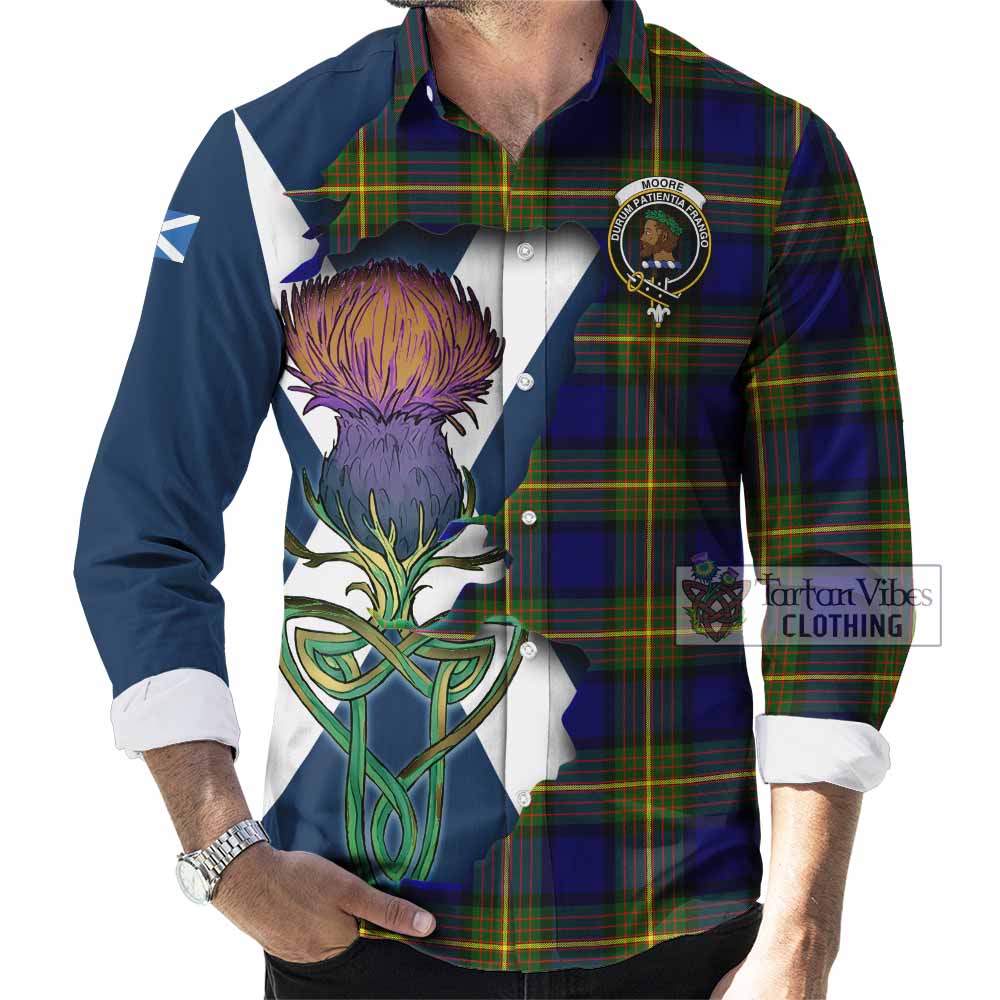 Moore Tartan Family Crest Long Sleeve Button Shirt Scottish Thistle Celtic Inspired - Tartan Vibes Clothing