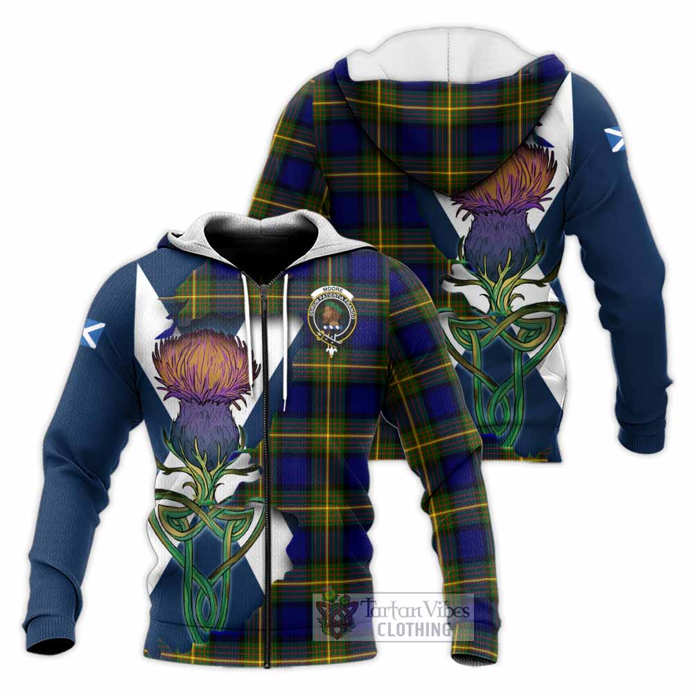 Tartan Vibes Clothing Moore Tartan Family Crest Knitted Hoodie Scottish Thistle Celtic Inspired