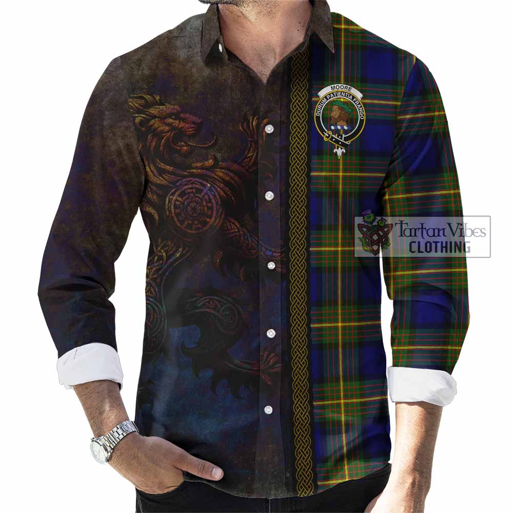 Moore Tartan Family Crest Long Sleeve Button Shirt Alba Gu Brath Be Brave Lion Ancient Style - Tartan Vibes Clothing