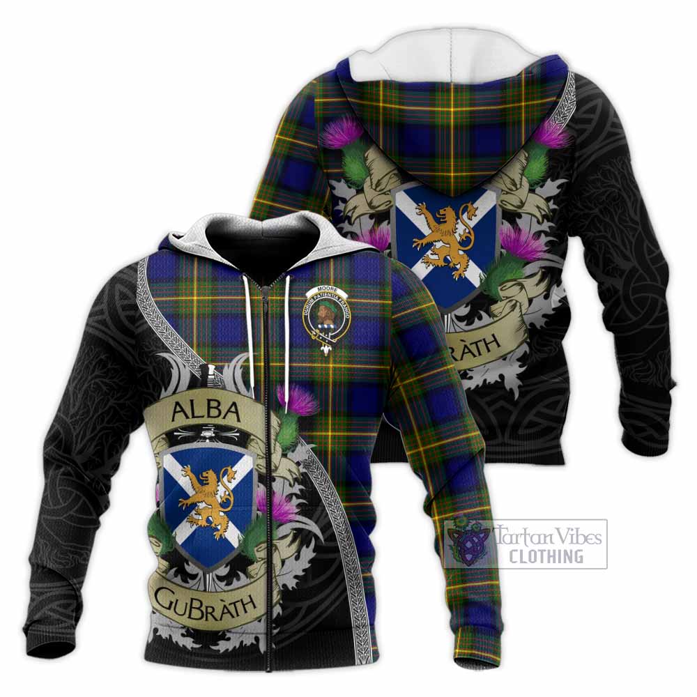Moore Tartan Family Crest Knitted Hoodie Lion Rampant Royal Thistle Shield Celtic Inspired Unisex Knitted Zip Hoodie - Tartan Vibes Clothing