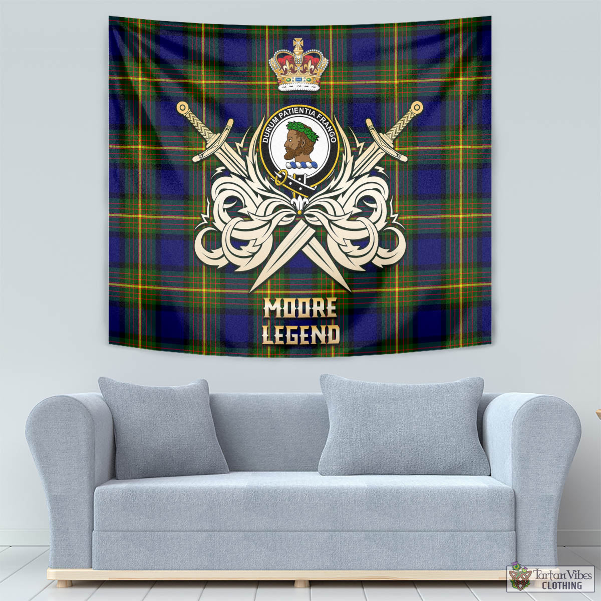 Moore Tartan Tapestry with Clan Crest and the Golden Sword of Courageous Legacy - Tartan Vibes Clothing