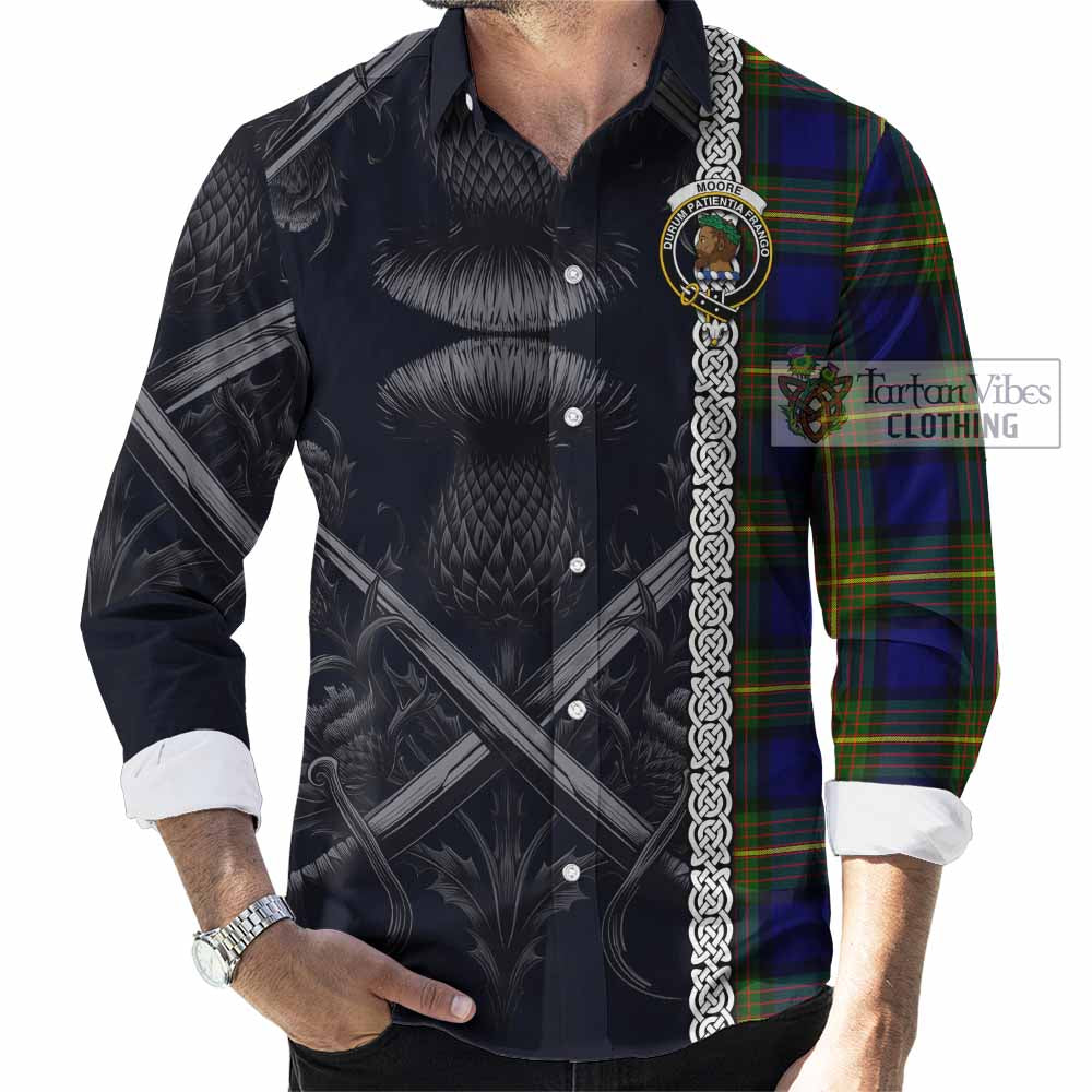 Tartan Vibes Clothing Moore Tartan Long Sleeve Button Shirt with Family Crest Cross Sword Thistle Celtic Vibes