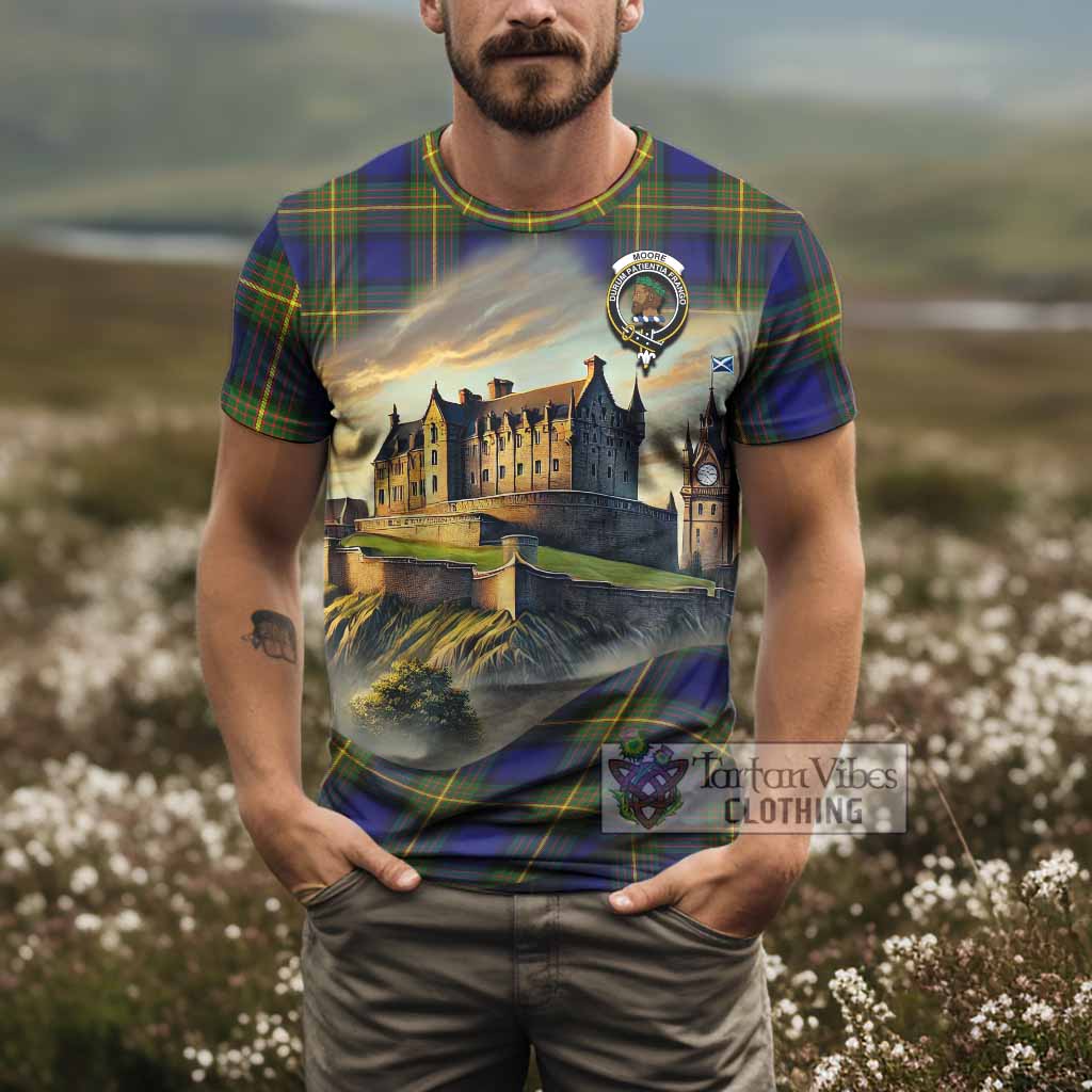 Moore Tartan Family Crest T-Shirt with Scottish Ancient Castle Style - Tartan Vibes Clothing