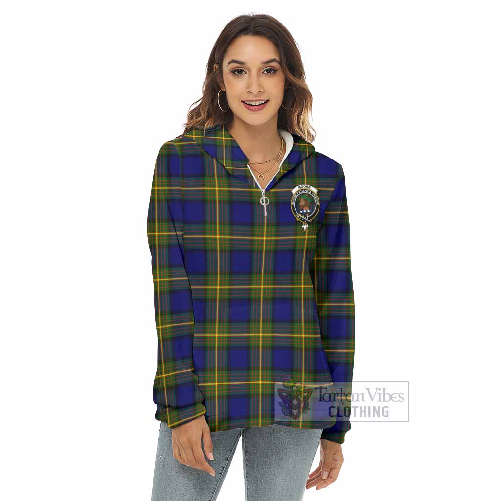 Moore Tartan Women's Borg Fleece Hoodie with Half Zip with Family Crest - Tartan Vibes Clothing