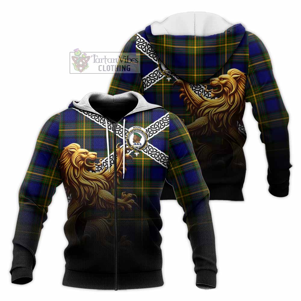 Tartan Vibes Clothing Moore Crest Tartan Knitted Hoodie with Golden Lion Emblem Celtic Style