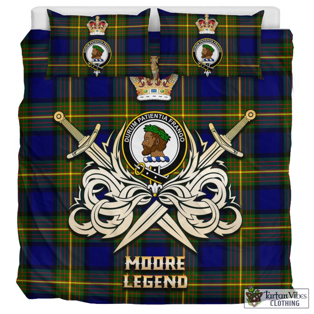 Tartan Vibes Clothing Moore Tartan Bedding Set with Clan Crest and the Golden Sword of Courageous Legacy