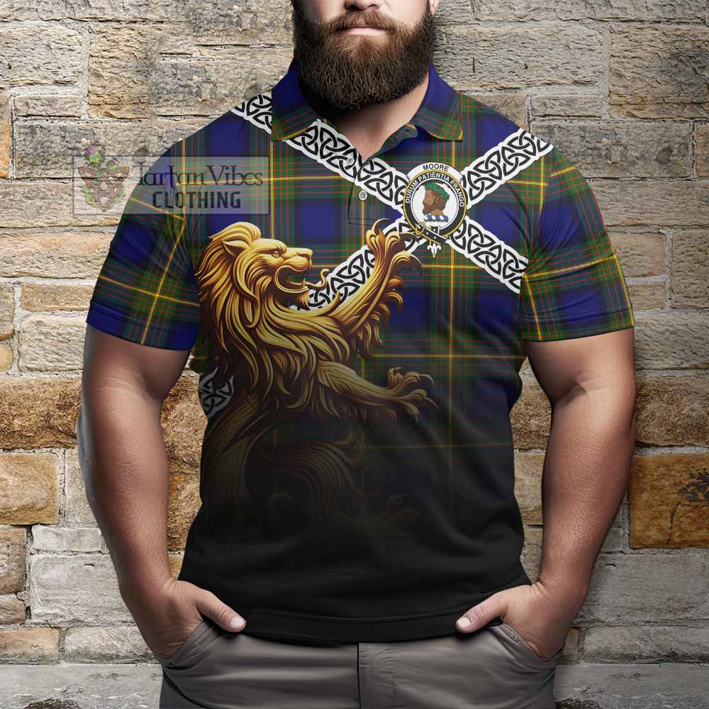 Moore Crest Tartan Polo Shirt with Golden Lion Emblem Celtic Style - Tartan Vibes Clothing