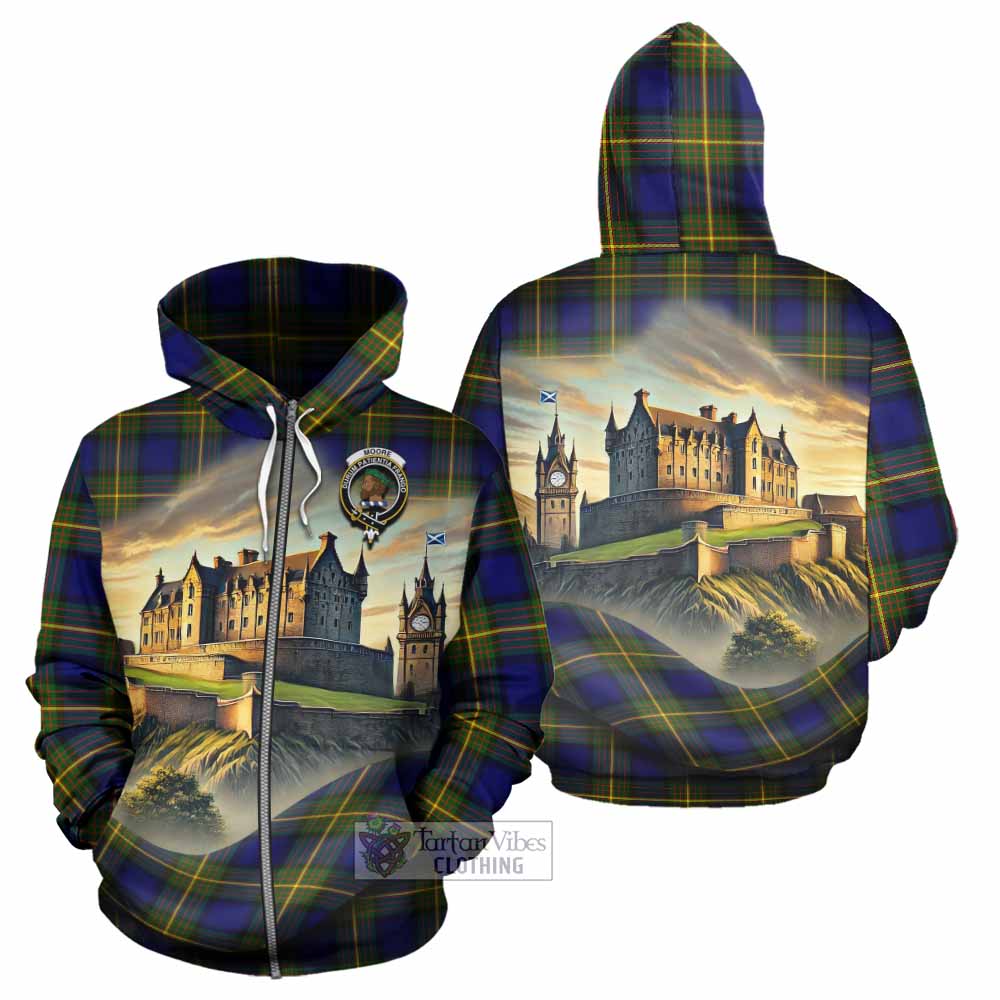 Moore Tartan Family Crest Hoodie with Scottish Ancient Castle Style Zip Hoodie - Tartan Vibes Clothing
