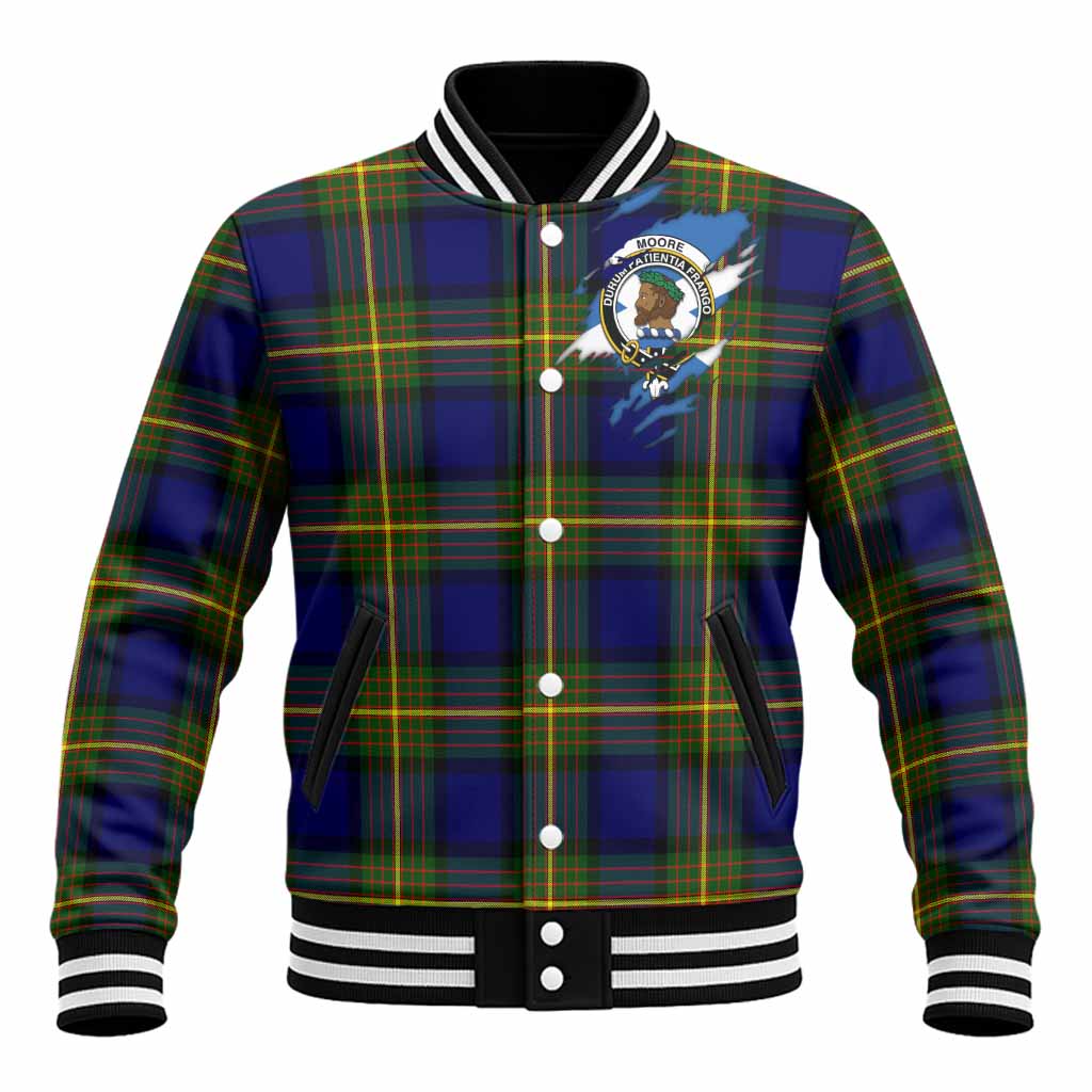 Moore Clan Crest In Me Tartan Baseball Jacket Scotland Flag Style