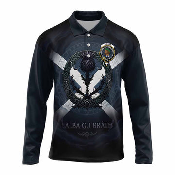Moore Clan Crest Long Sleeve Polo Shirt with Celtic Knot Thistle and Saltire