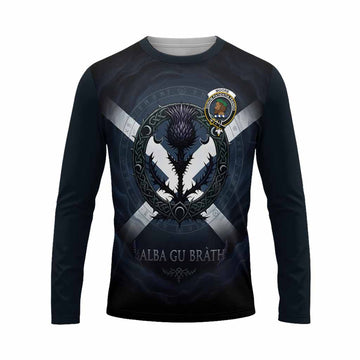 Moore Clan Crest Long Sleeve T-Shirt with Celtic Knot Thistle and Saltire