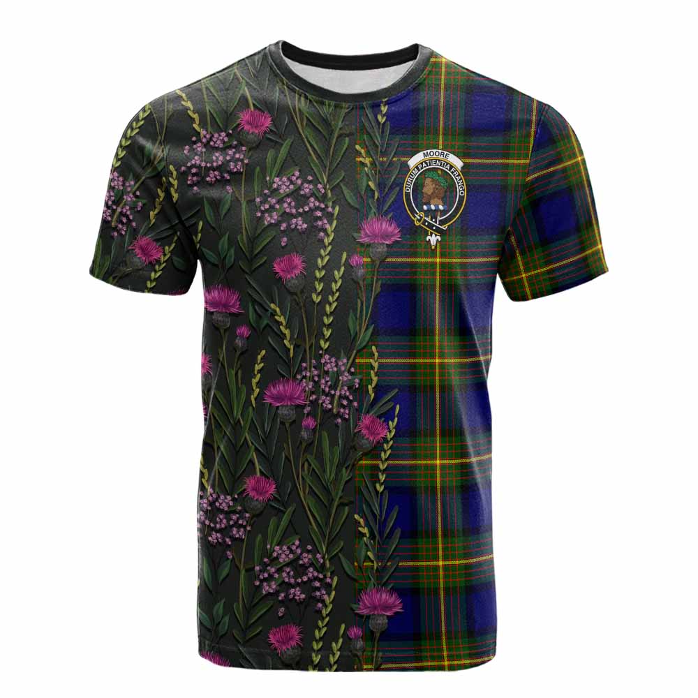 Moore Family Crest Tartan Cotton T-shirt Scottish Thistle Flower Pattern Half Style - Tartan Vibes Clothing