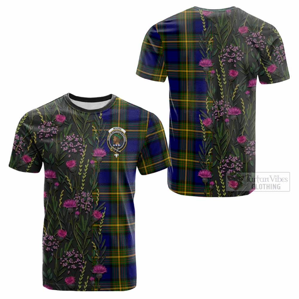 Moore Family Crest Tartan Cotton T-shirt Scottish Thistle Flower Pattern Half Style - Tartan Vibes Clothing