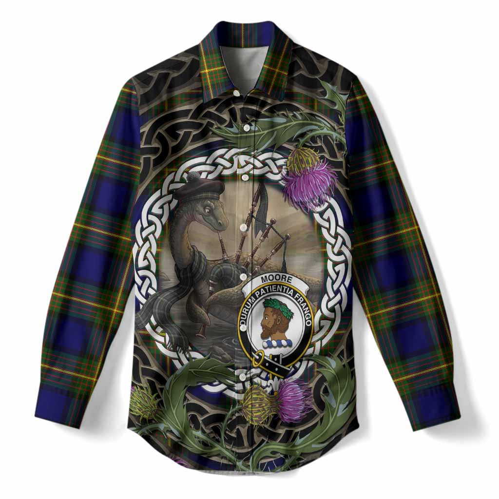 Moore Tartan Crest Bagpipe Nessie Women Casual Shirt Scottish Loch Ness Monster Celtic Thistle