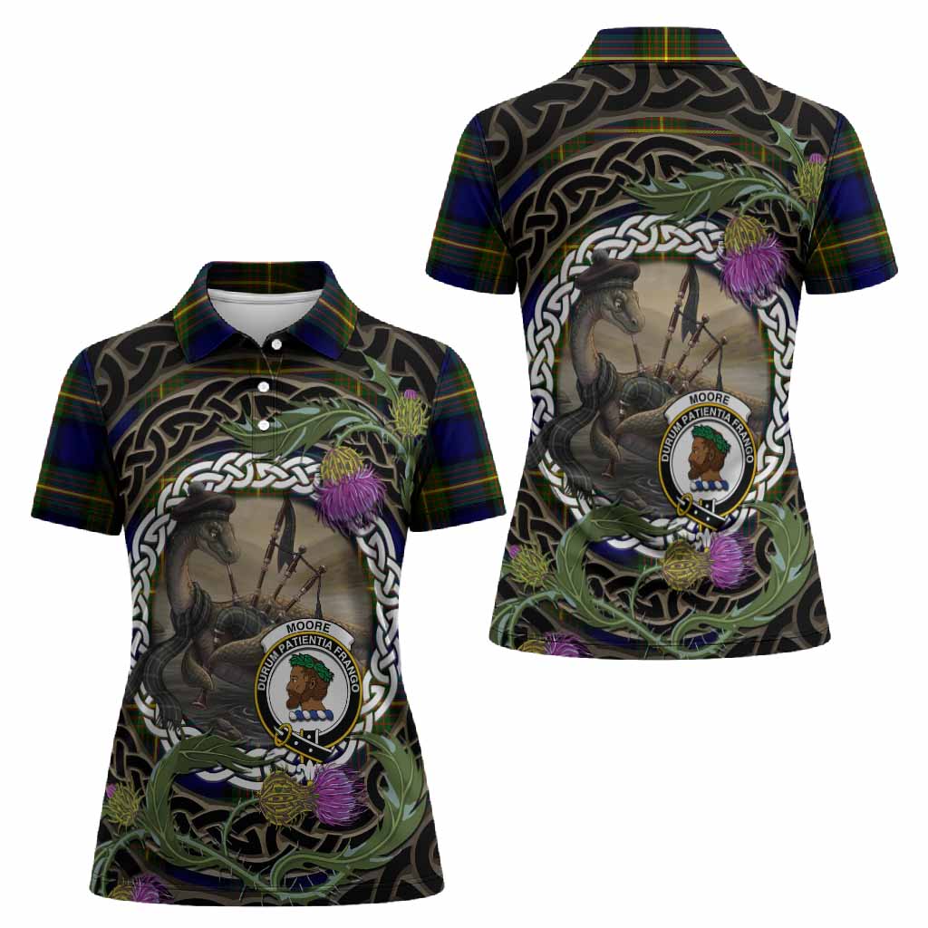 Moore Tartan Crest Bagpipe Nessie Women Polo Shirt Scottish Loch Ness Monster Celtic Thistle
