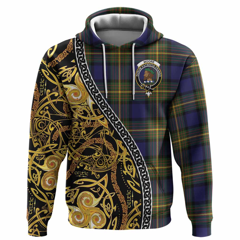 Moore Tartan Crest Hoodie Celtic Knot and Triple Trickle Spiral Symbols