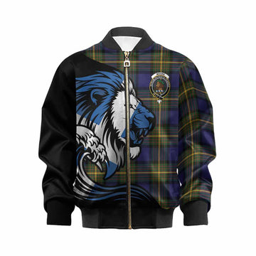 Moore Tartan Crest Kid Bomber Jacket Scottish Golden Lions Wave Flow
