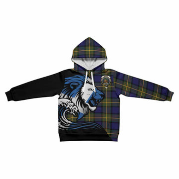 Moore Tartan Crest Kid Hoodie Scottish Golden Lions Wave Flow