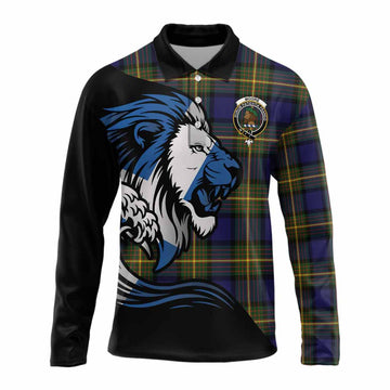 Moore Tartan Crest Long Sleeve Polo Shirt Scottish Golden Lions Wave Flow