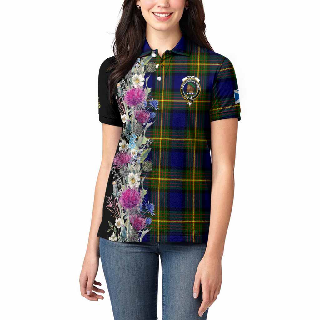 Moore Tartan Crest Thistle Floral Women Polo Shirt