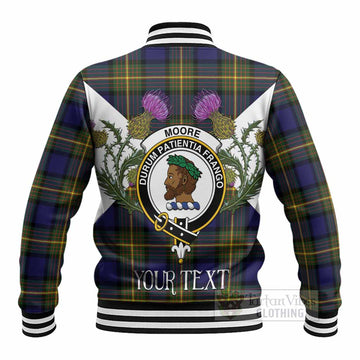 Moore Tartan Family Crest Baseball Jacket Scottish Burns Night Thistle Floral