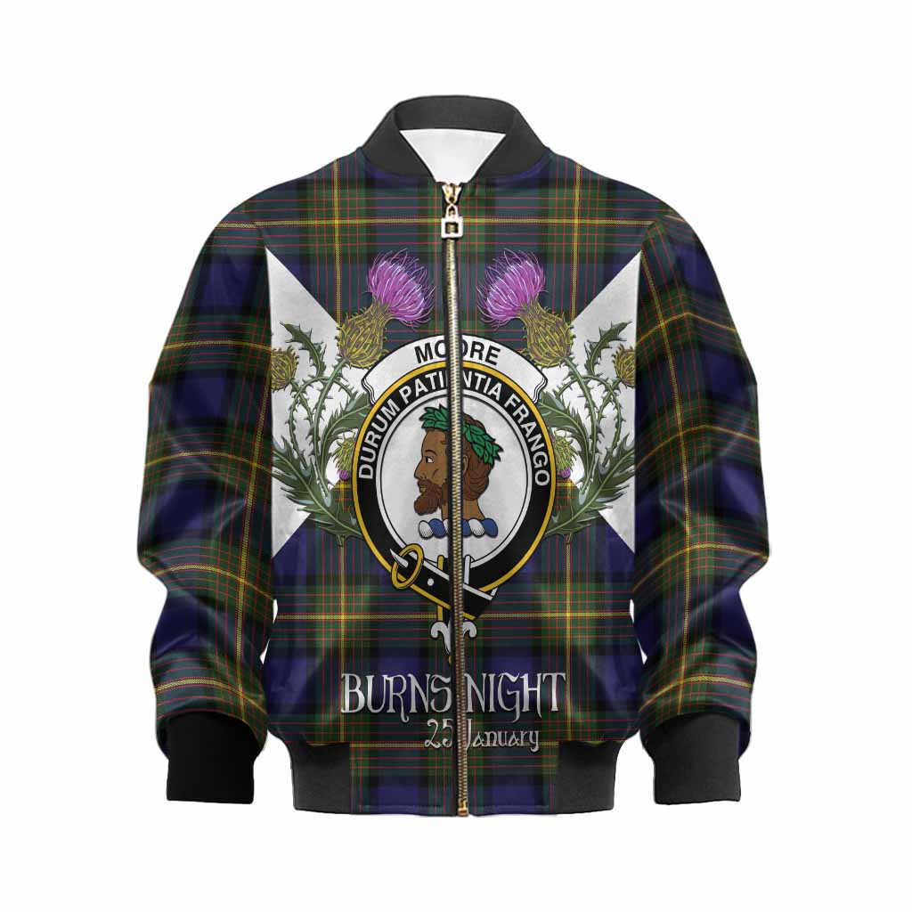 Moore Tartan Family Crest Kid Bomber Jacket Scottish Burns Night Thistle Floral