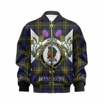 Moore Tartan Family Crest Kid Bomber Jacket Scottish Burns Night Thistle Floral