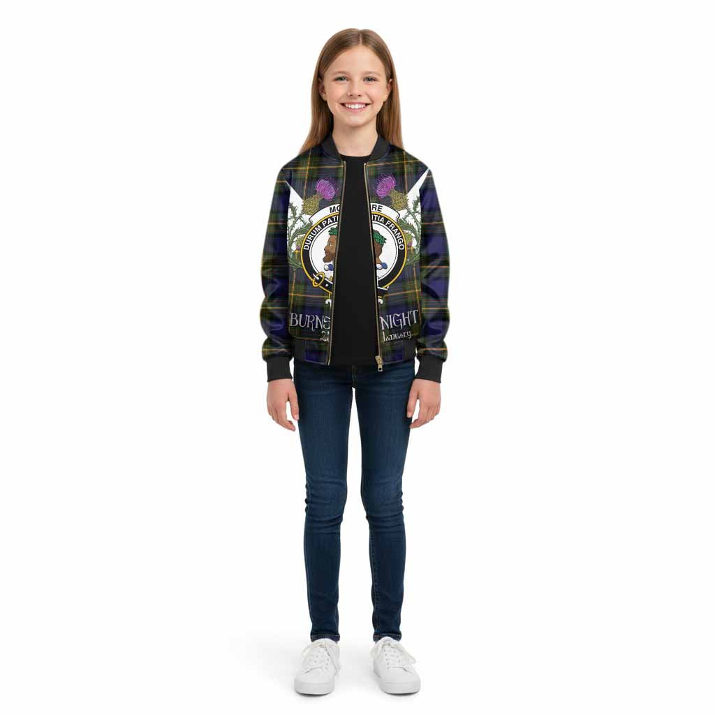 Moore Tartan Family Crest Kid Bomber Jacket Scottish Burns Night Thistle Floral