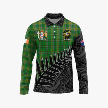 Tartan Vibes Clothing Moran Irish Clan Tartan Long Sleeve Polo Shirt with Coat of Arms New Zealand Silver Fern Half Style