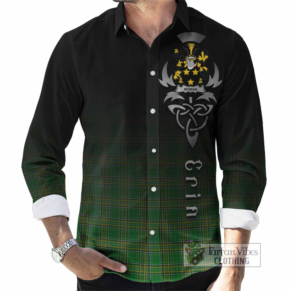 Tartan Vibes Clothing Moran Irish Clan Long Sleeve Button Shirt with Coat of Arms Erin Go Bragh Celtic Inspired