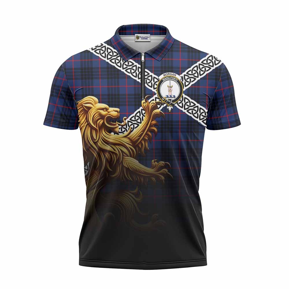 Morgan Crest Tartan Zipper Polo Shirt with Golden Lion Emblem Celtic Style Unisex - Tartan Vibes Clothing