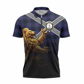 Morgan Crest Tartan Zipper Polo Shirt with Golden Lion Emblem Celtic Style Unisex - Tartan Vibes Clothing