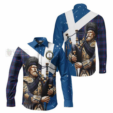 Morgan Tartan Long Sleeve Button Shirt with Family Crest Scottish Bagpiper Vibes Men's Shirt - Tartan Vibes Clothing