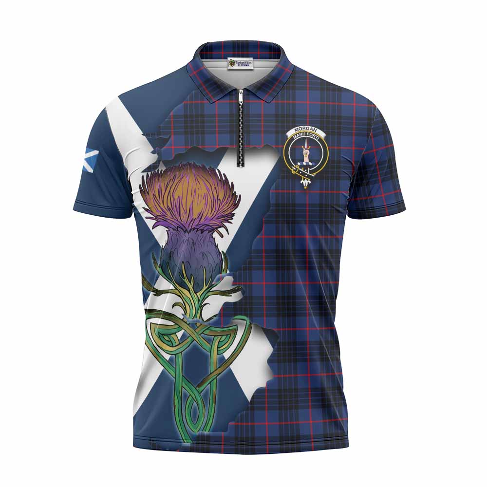Morgan Tartan Family Crest Zipper Polo Shirt Scottish Thistle Celtic Inspired Unisex - Tartan Vibes Clothing