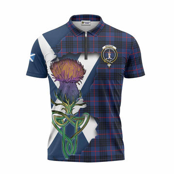 Morgan Tartan Family Crest Zipper Polo Shirt Scottish Thistle Celtic Inspired Unisex - Tartan Vibes Clothing